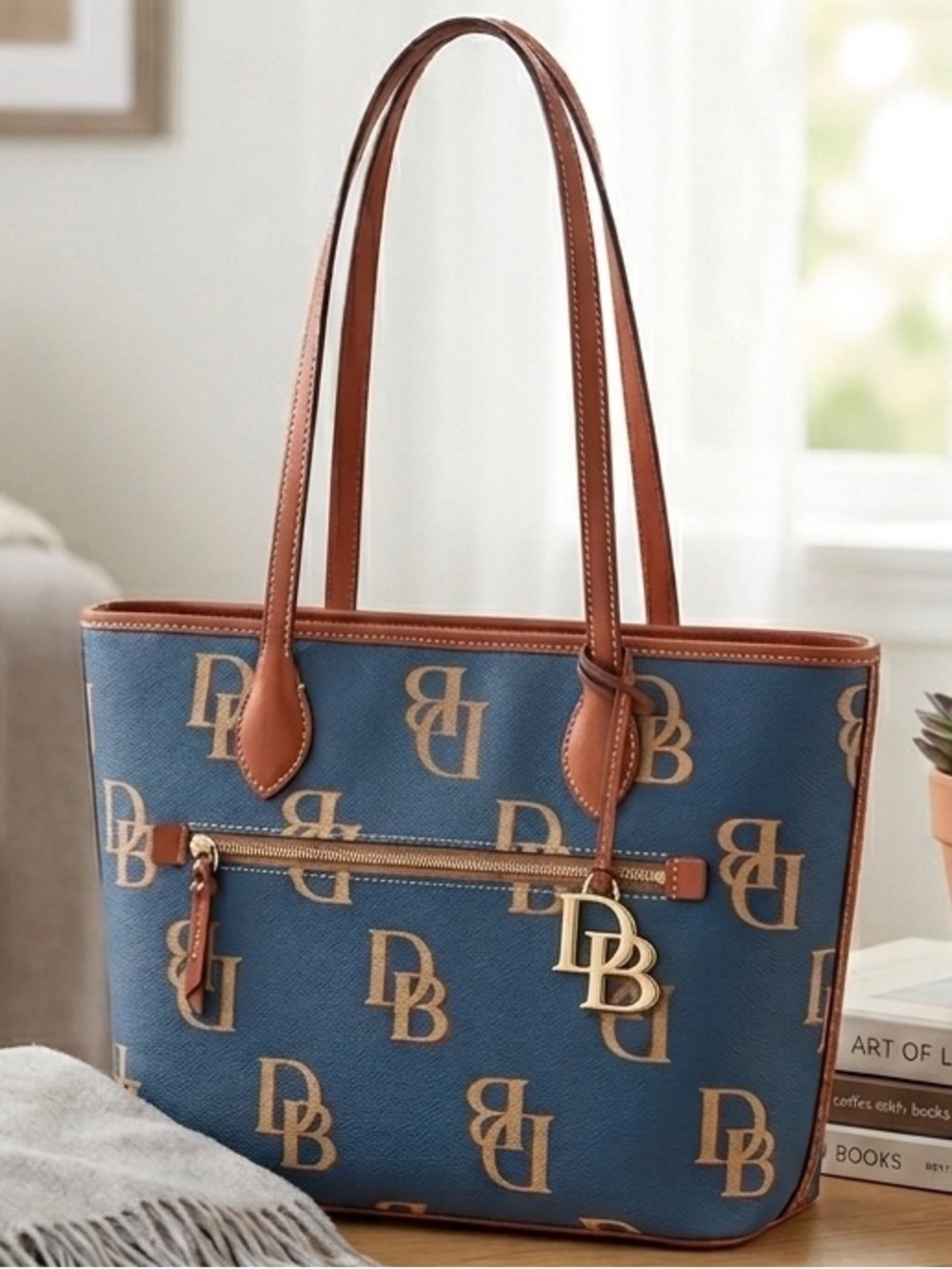 Dooney & Bourke Monogram DB Tote Bag- Navy and Brown Trim